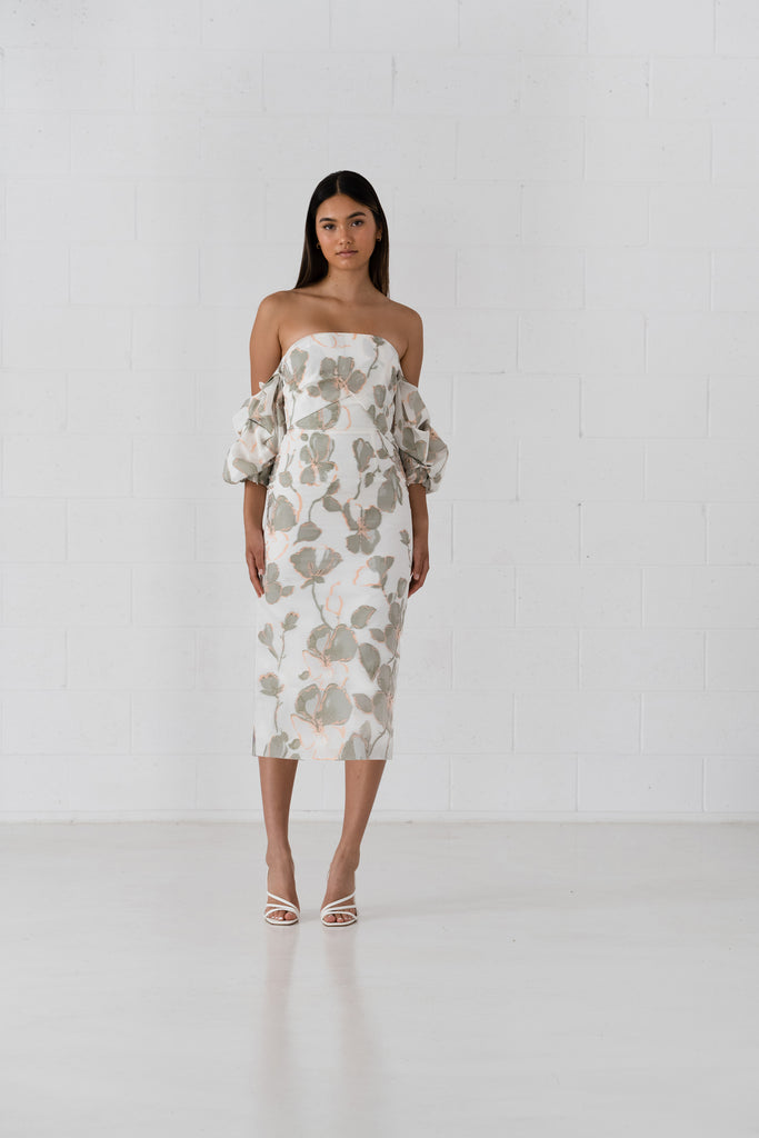 Avery Dress with detachable ruffle sleeves. Midi length pencil style dress. 