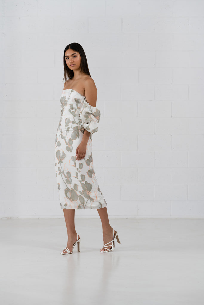Avery Dress with detachable ruffle sleeves. Midi length pencil style dress. 