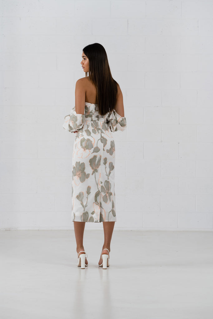 Avery Dress with detachable ruffle sleeves. Midi length pencil style dress. 