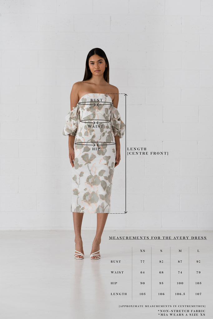 Sizing Chart. Avery Dress with detachable ruffle sleeves. Midi length pencil style dress. 