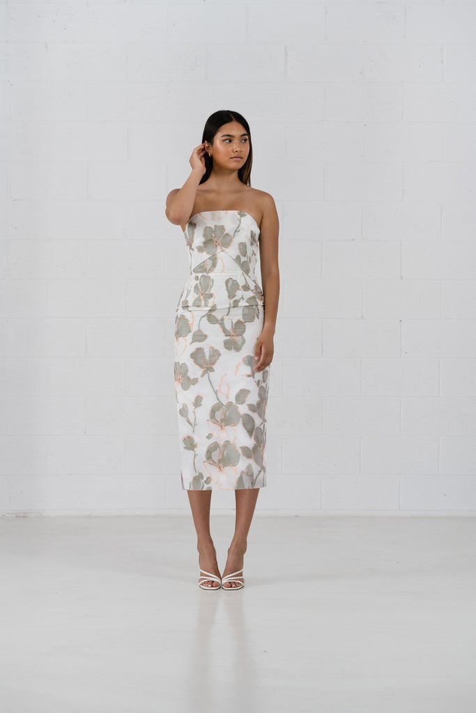Avery Dress with detachable ruffle sleeves. Midi length pencil style dress. 