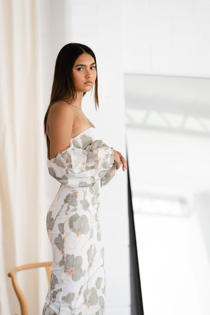 Avery Dress with detachable ruffle sleeves. Midi length pencil style dress. 
